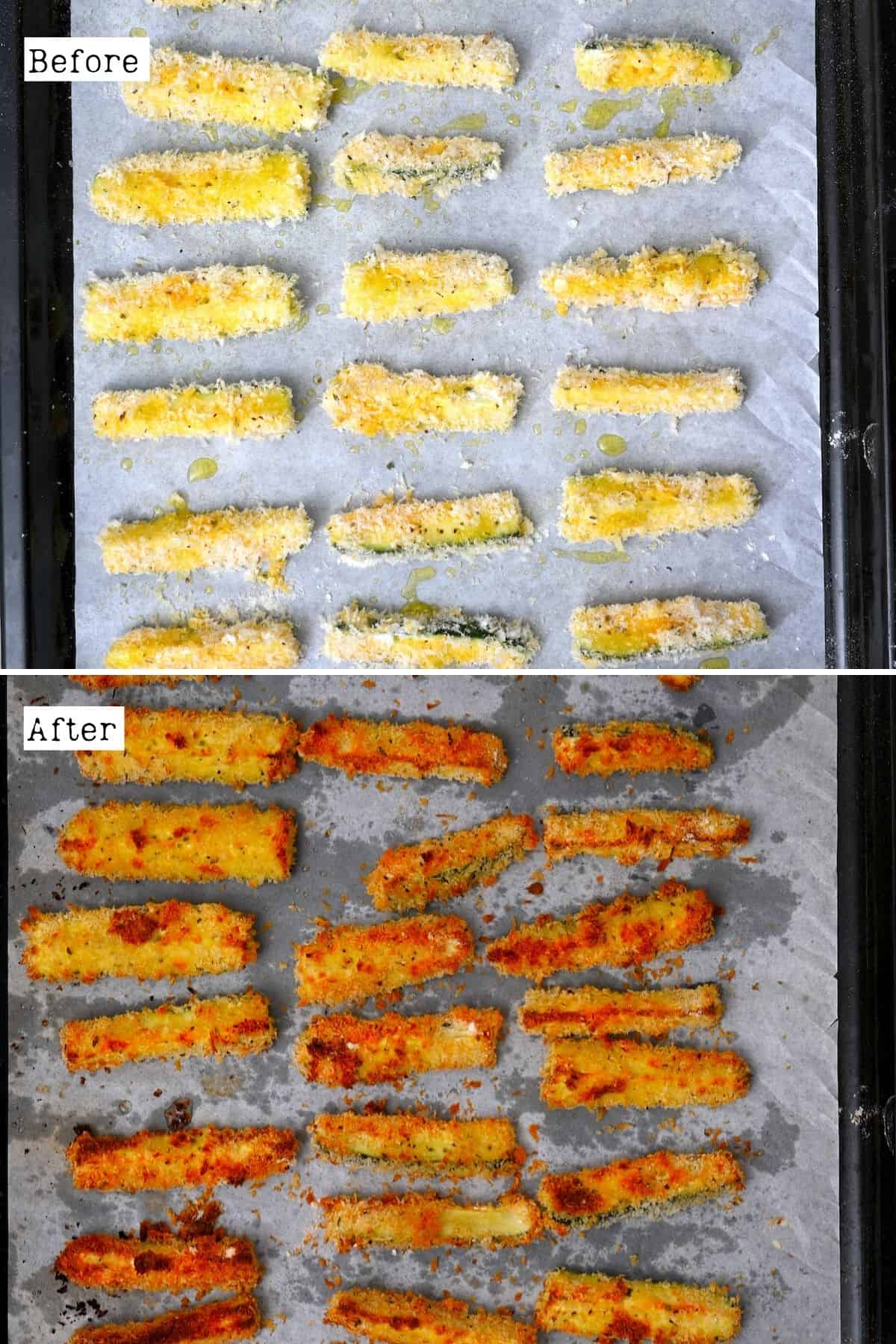 Before and after baking zucchini fries in an oven