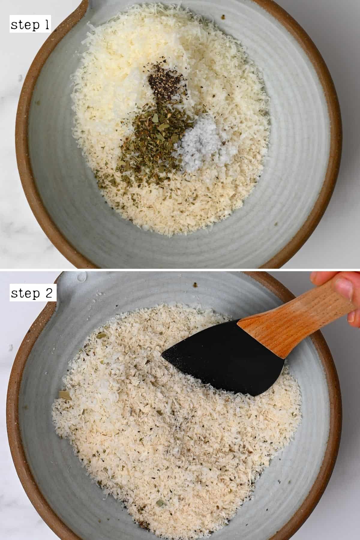 Steps for mixing breadcrumbs with parmesan and spices