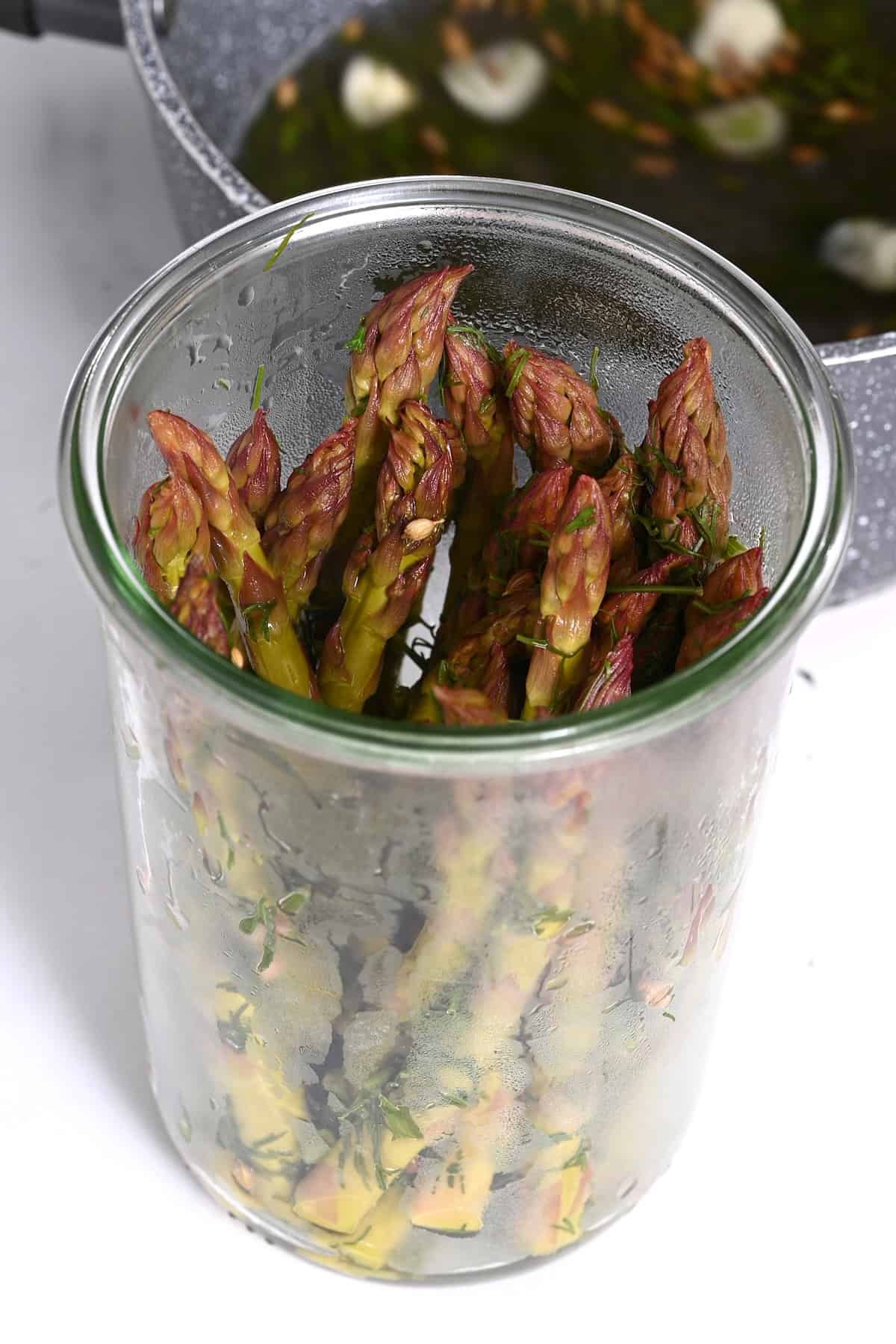 Asparagus placed in a jar