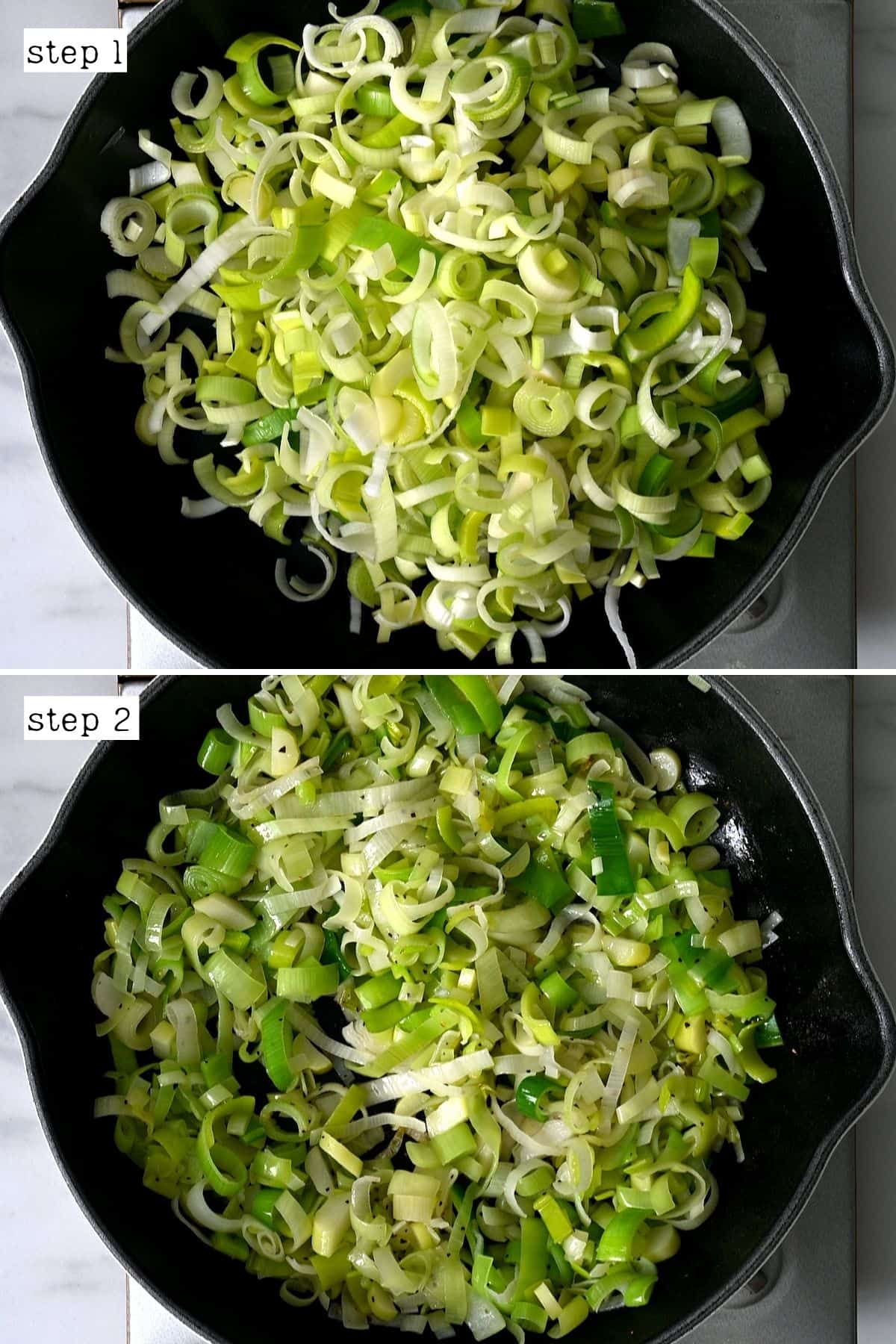 Steps for cooking leeks on a pan