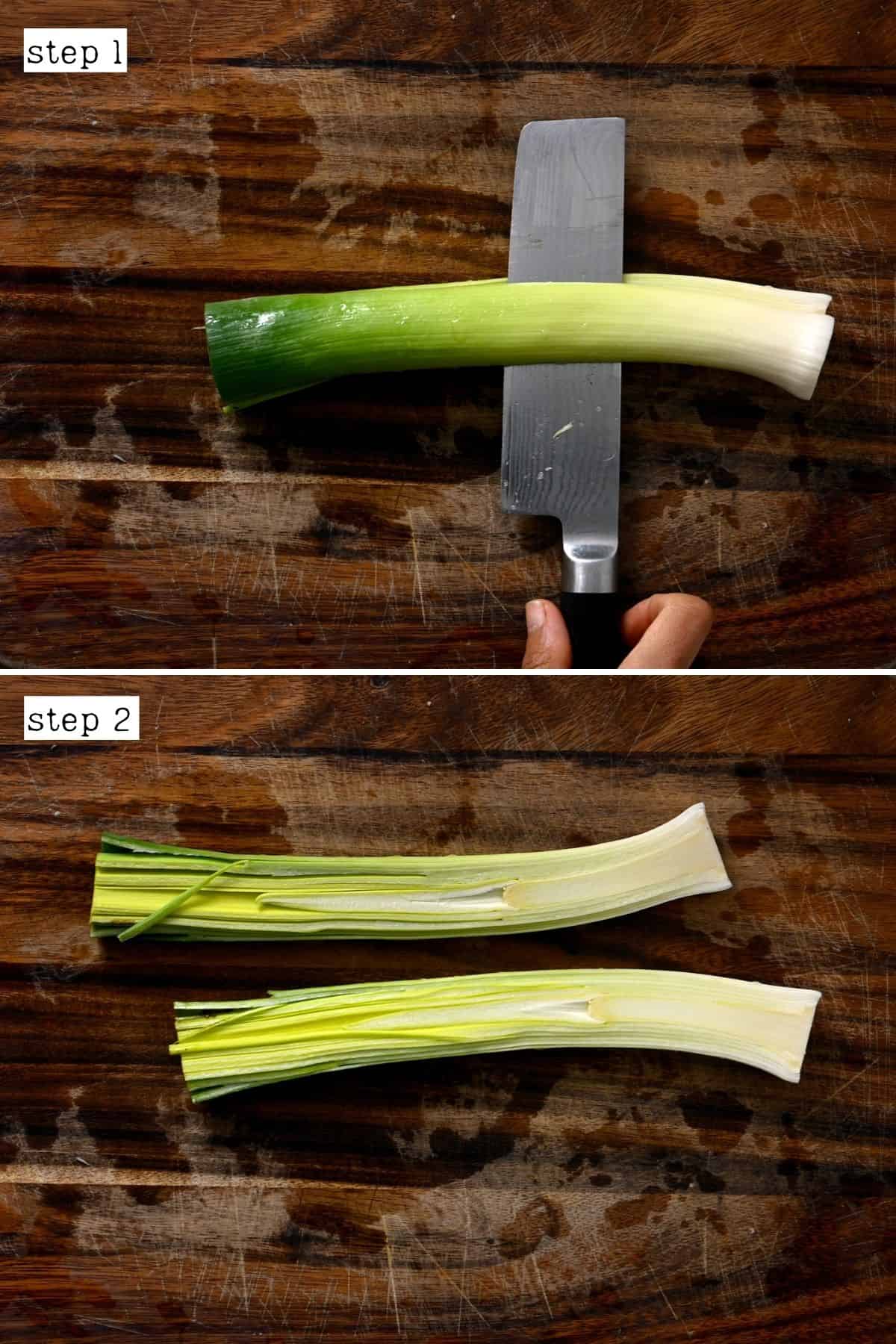 Steps for cutting leeks lengthwise