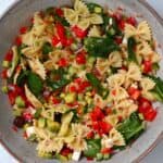 A serving of bowtie pasta salad