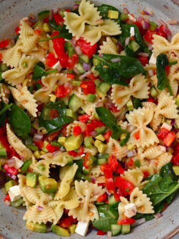 A serving of bowtie pasta salad