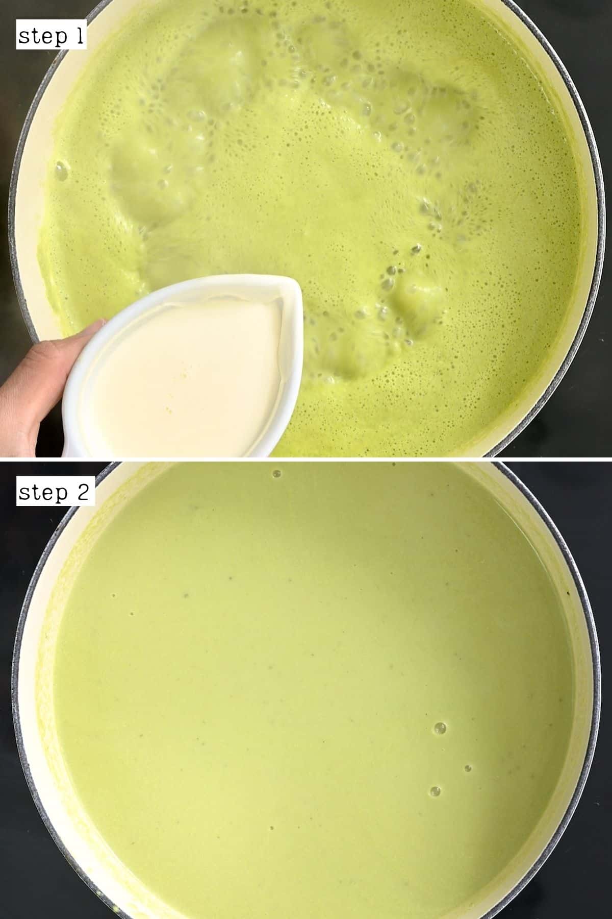 Steps for adding cream to asparagus soup