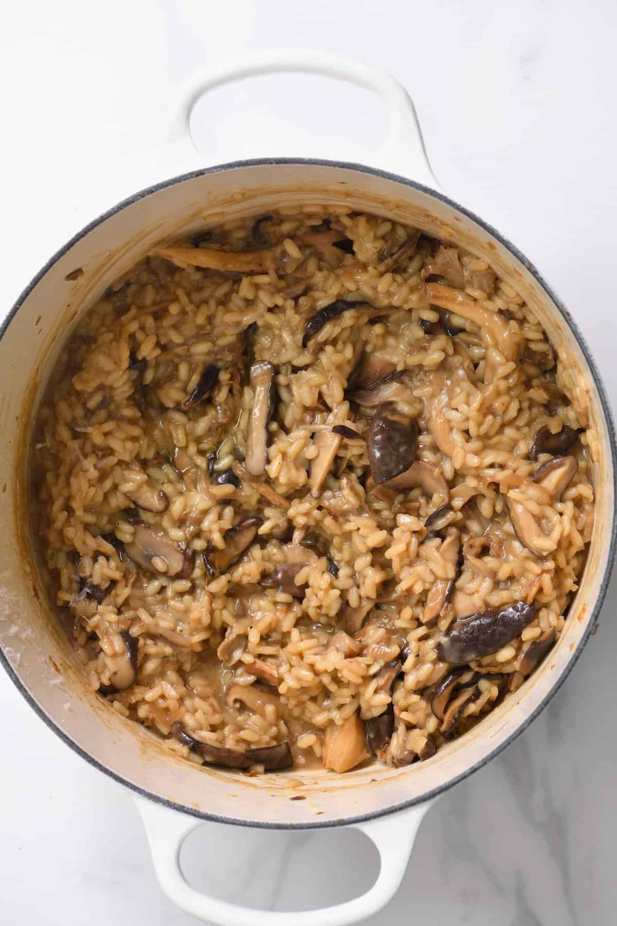 Freshly cooked mushroom risotto in a saucepan
