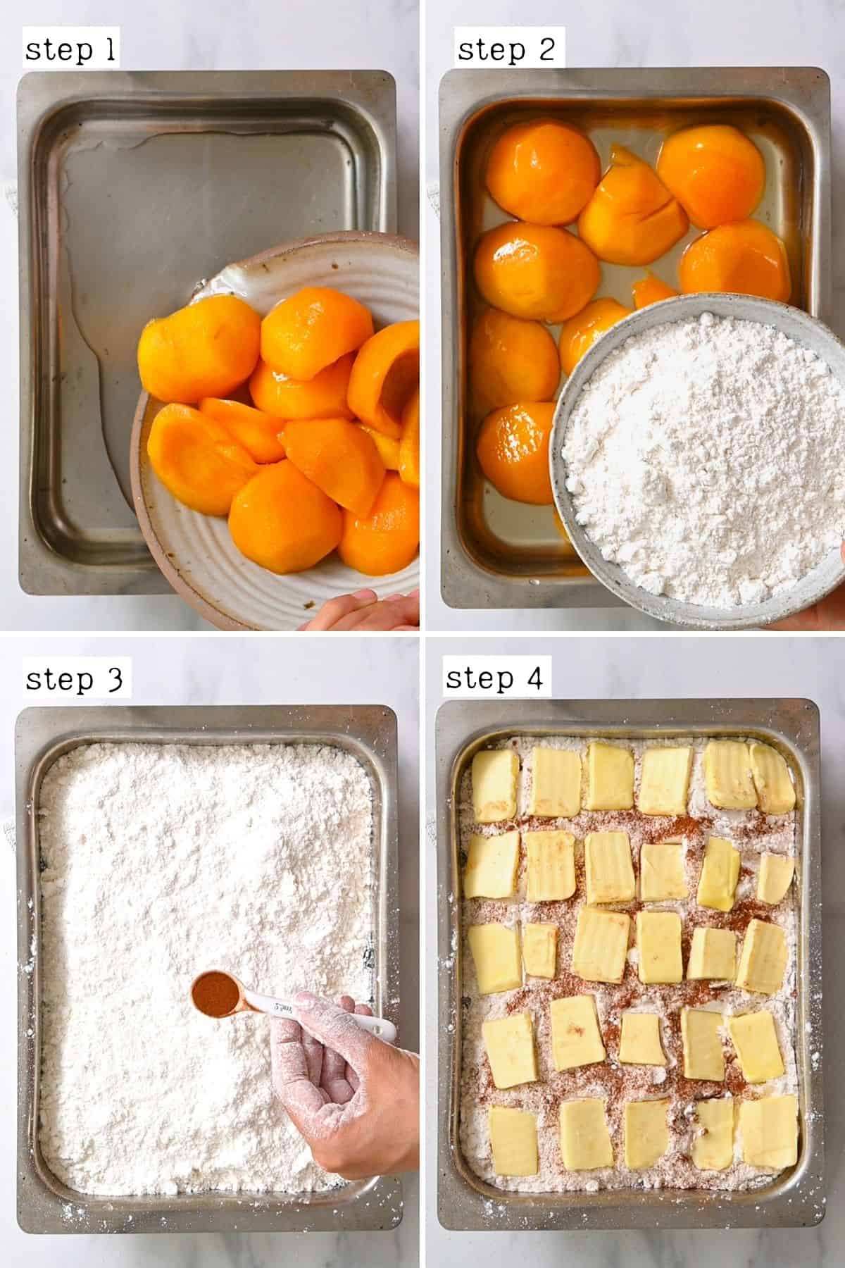 Steps for arranging peach dump cake in a baking dish