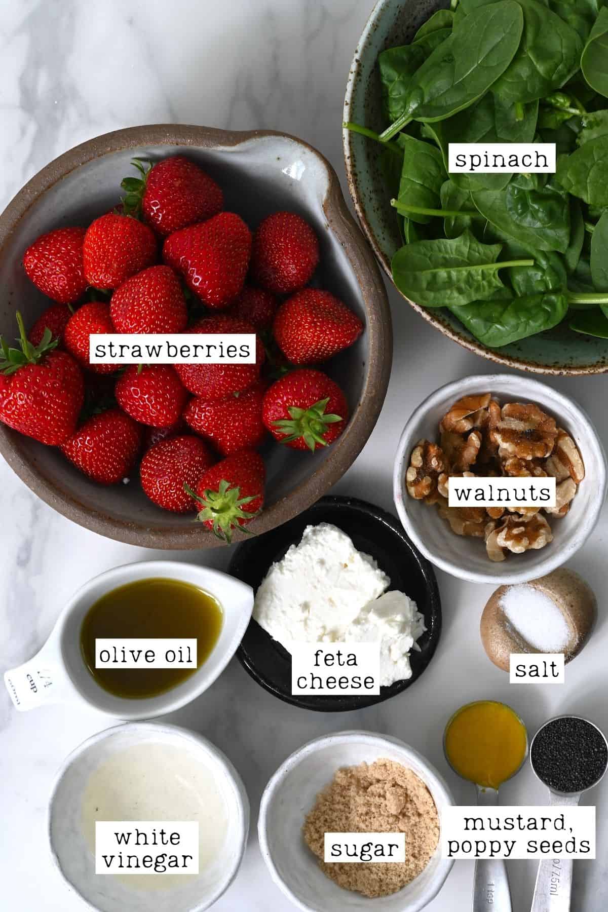 Ingredients for strawberry spinach salad