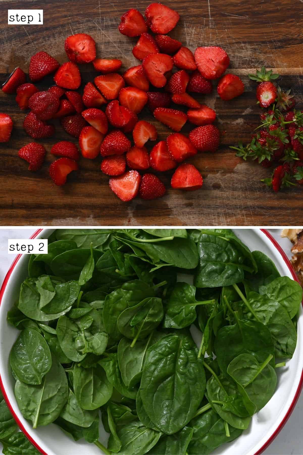 Steps for prepping strawberries and spinach