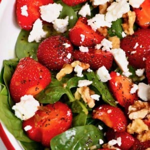 Strawberry spinach salad topped with feta