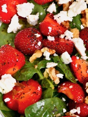 Strawberry spinach salad topped with feta