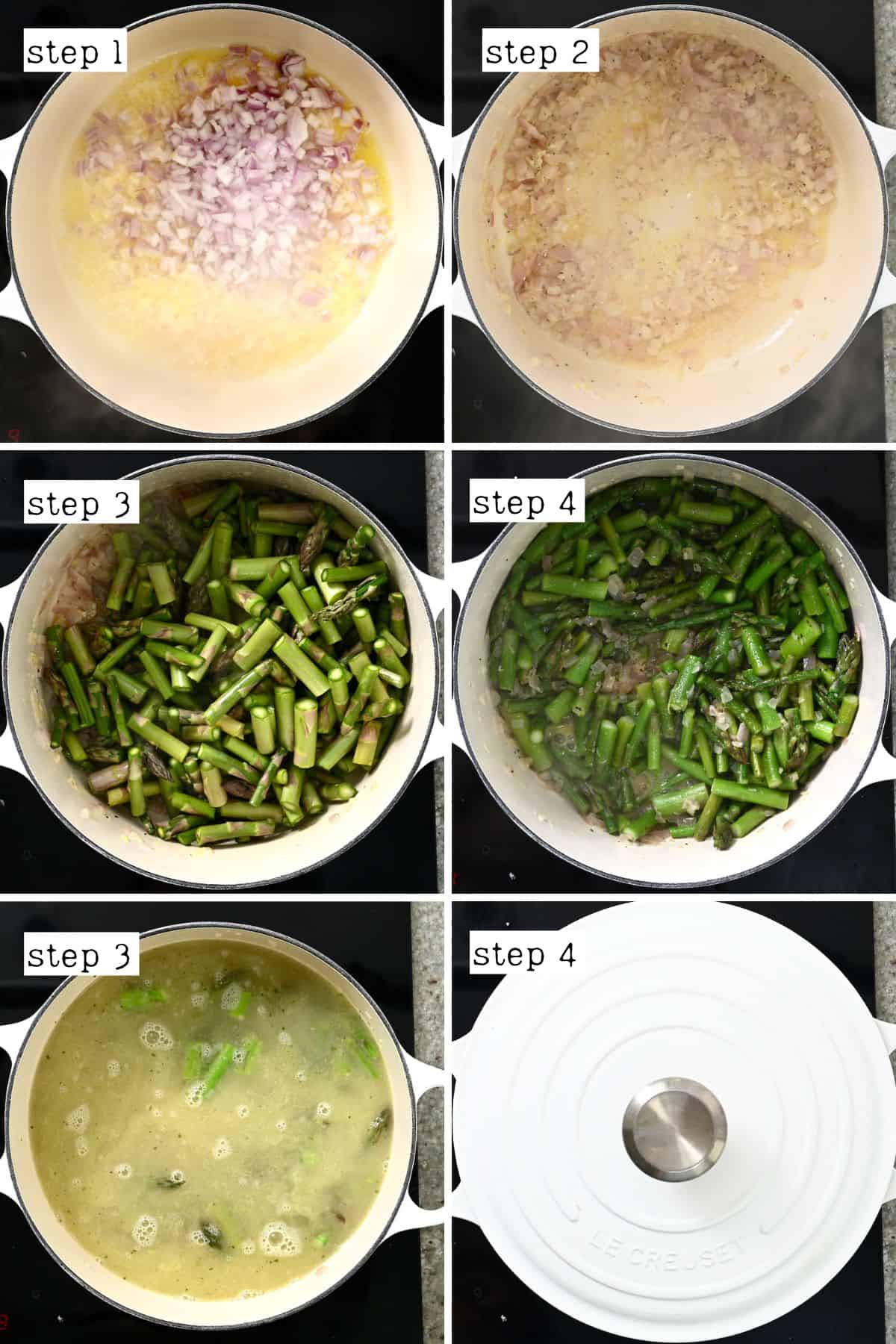Steps for cooking onion and asparagus and broth