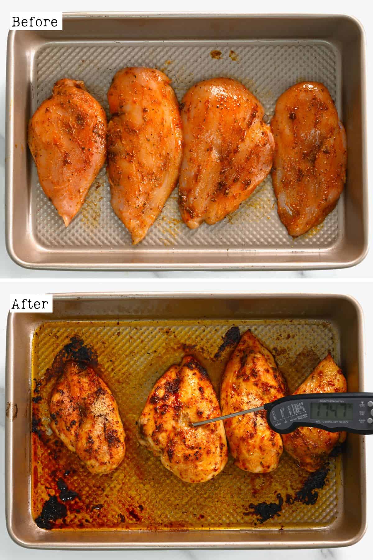 Before and after baking chicken in the oven