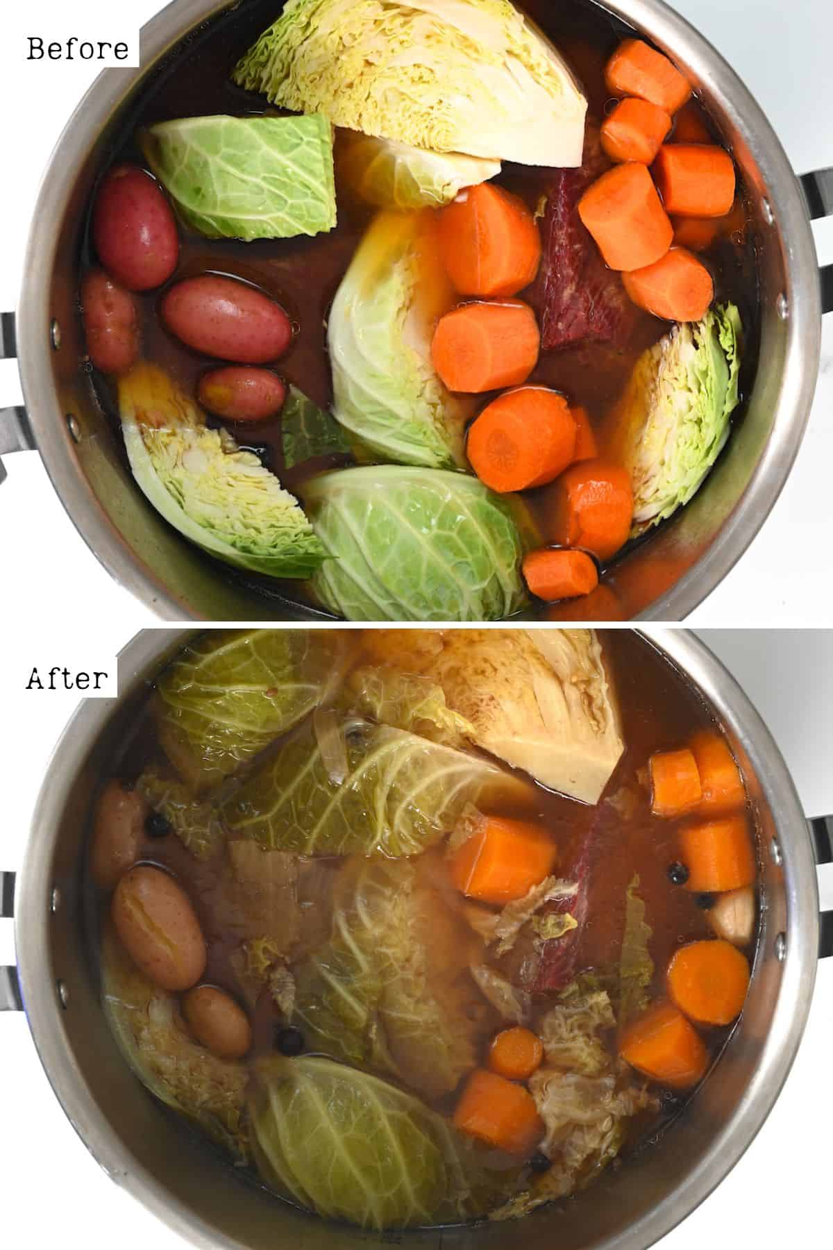 Before and after pressure cooking corned beef and cabbage