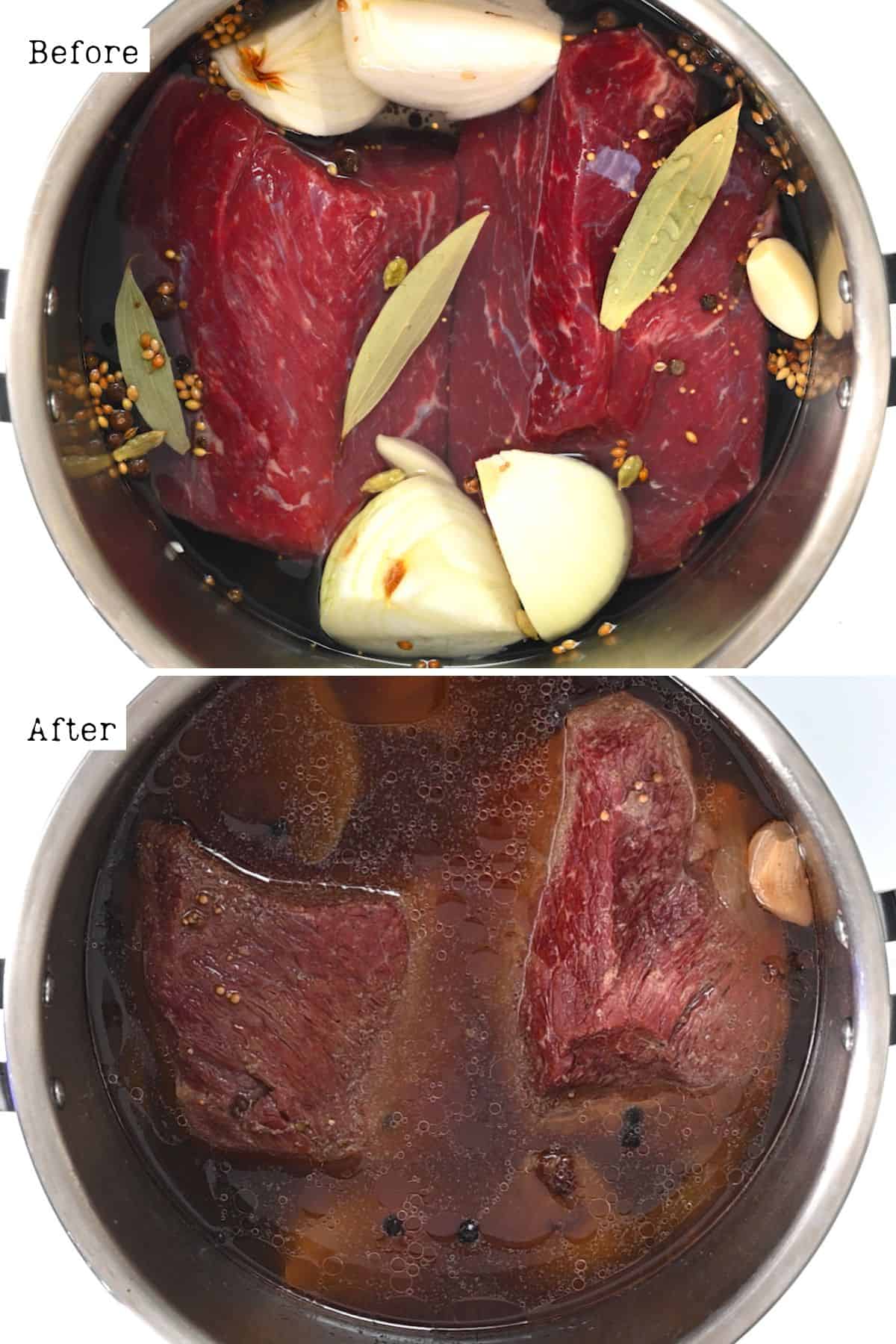 Before and after pressure cooking corned beef