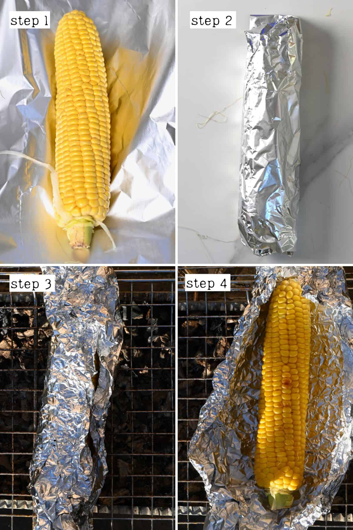 Steps for grilling corn on the cob in foil