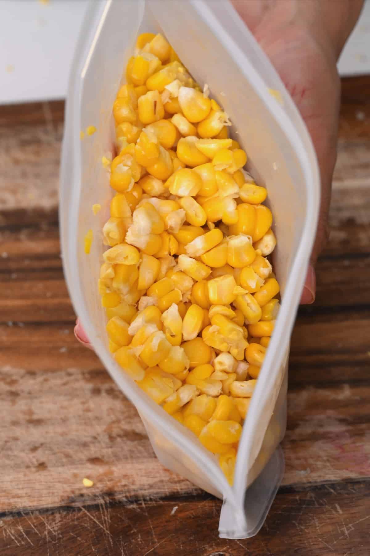 Corn kernels in a freezer bag