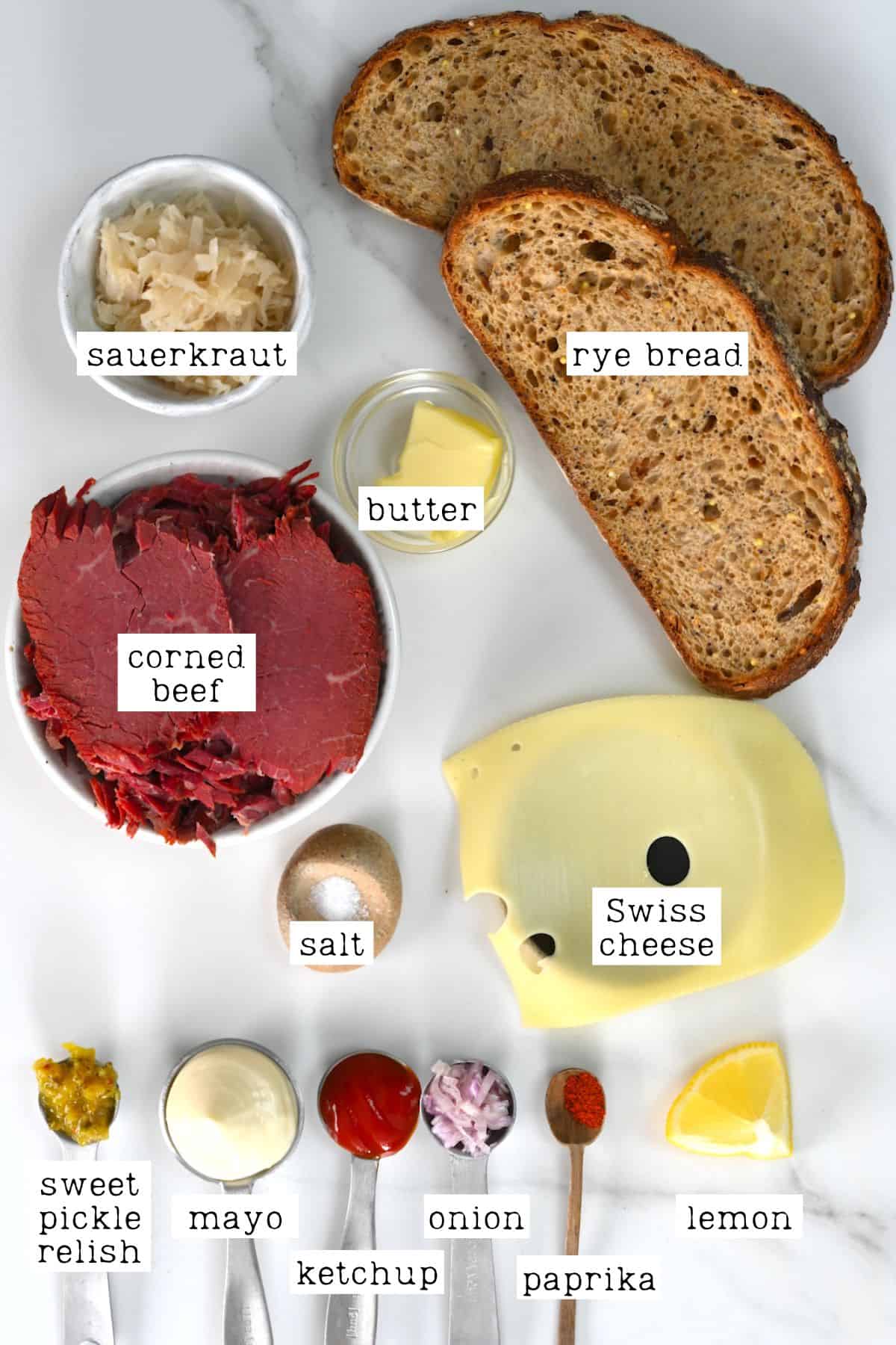 Ingredients for Reuben sandwich
