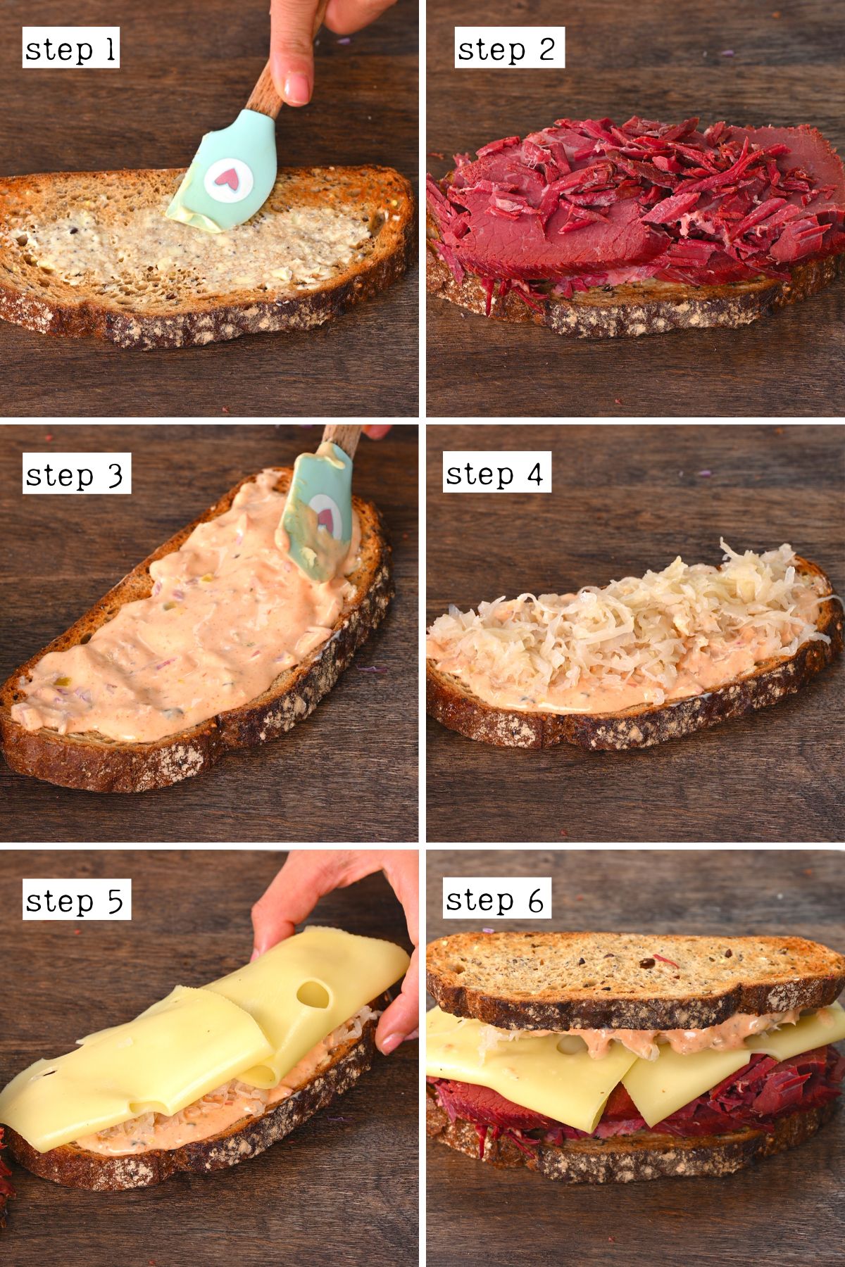 Steps for stacking a Reuben sandwich