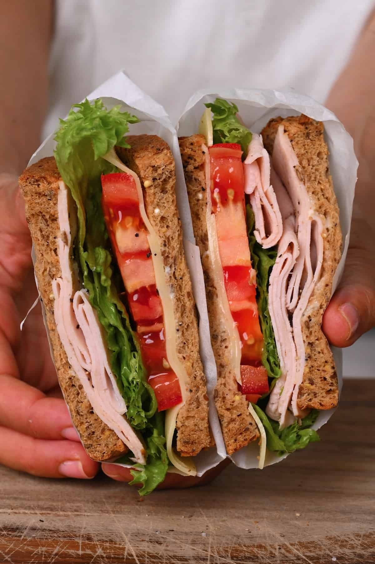 Turkey sandwich cut in two