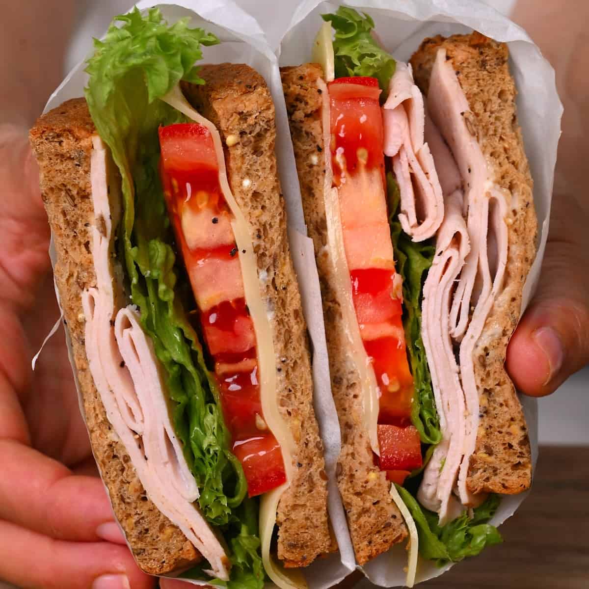 Turkey sandwich cut in two