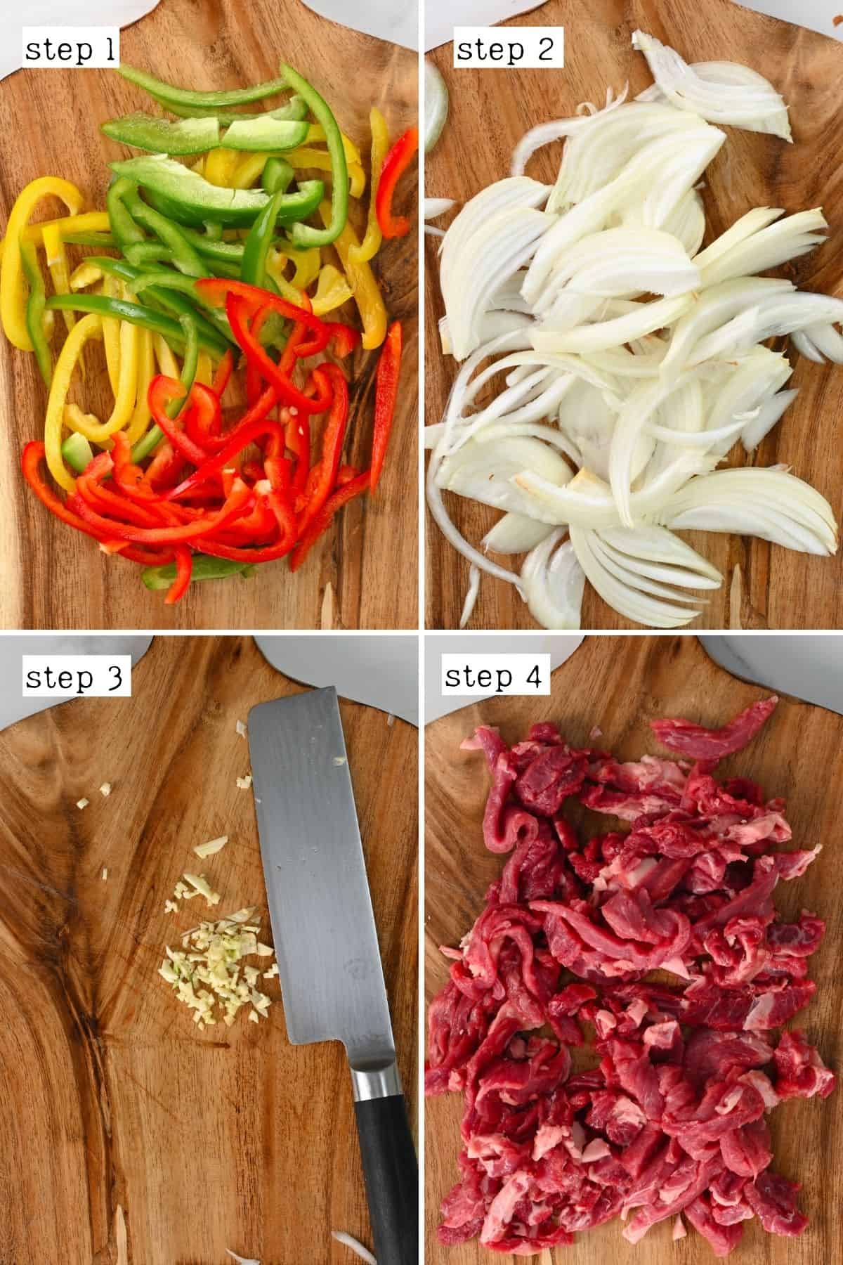 Chopped ingredients for cheesesteak sandwich