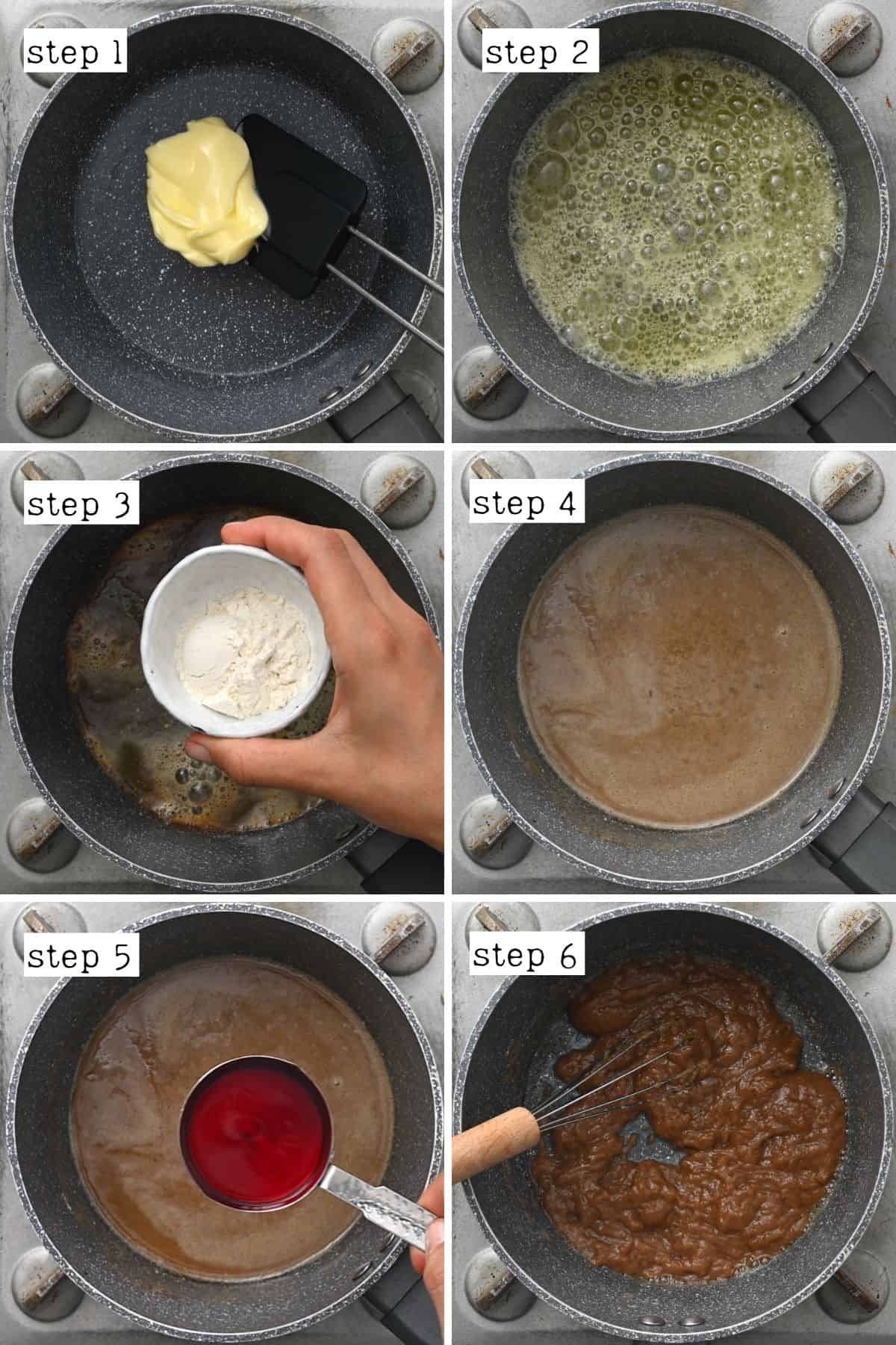 Steps for mixing butter flour and red wine vinegar for au jus
