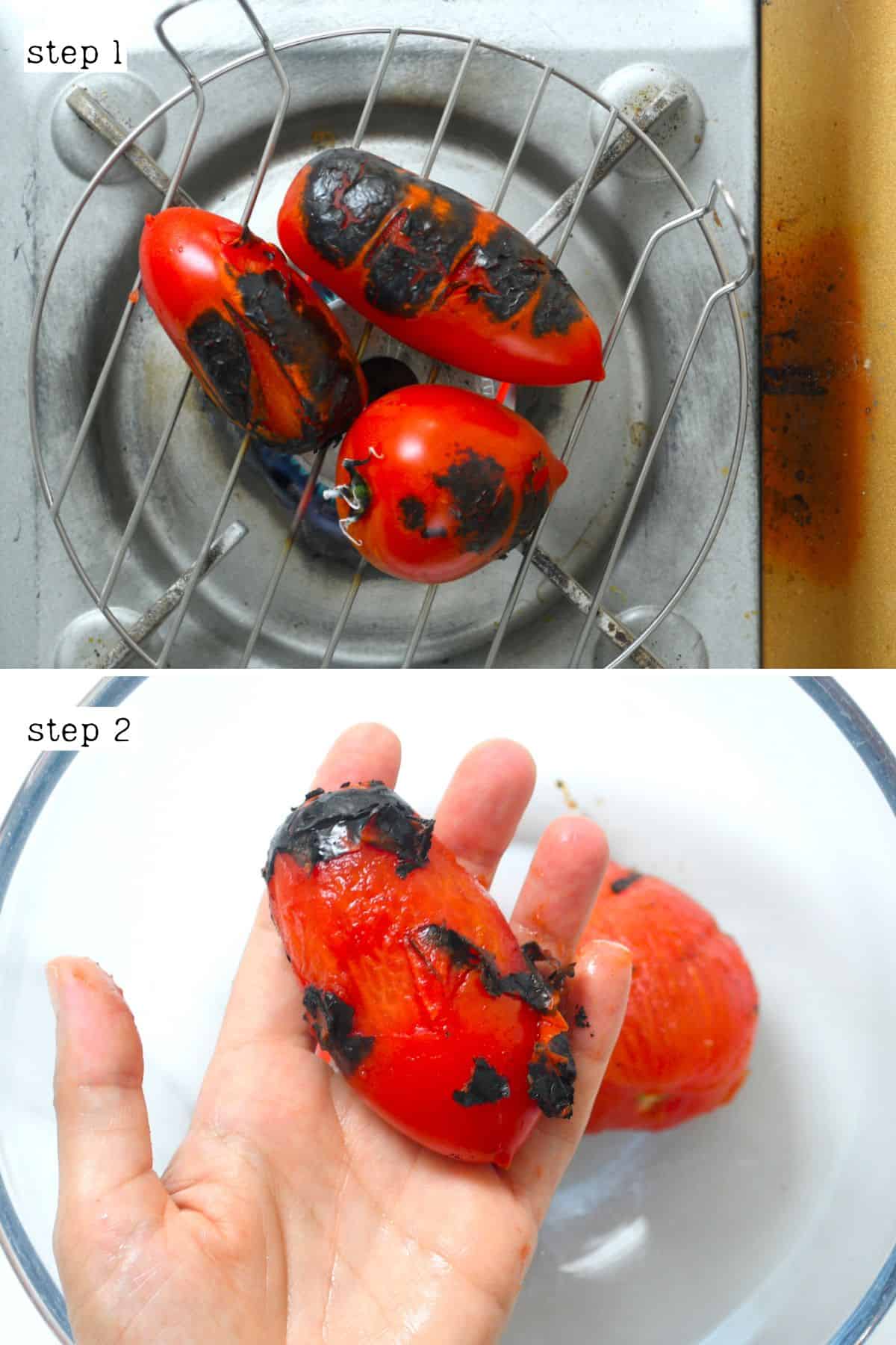 Steps for charring and peeling tomatoes