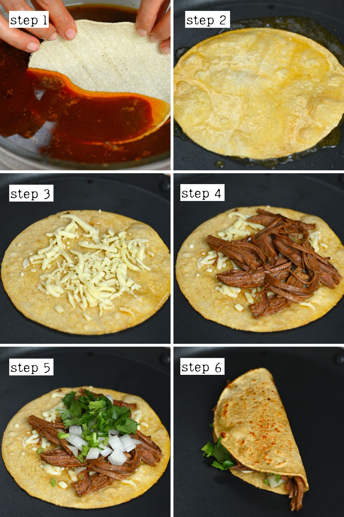 Steps for making birria tacos with beef and cheese