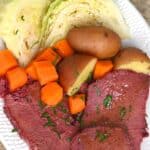 Corned beef cabbage carrots and potatoes on a plate