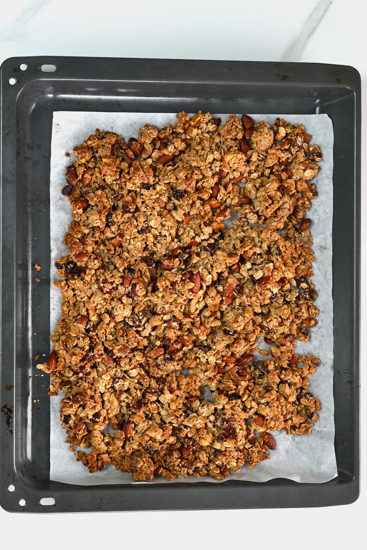 Home baked granola in a tray