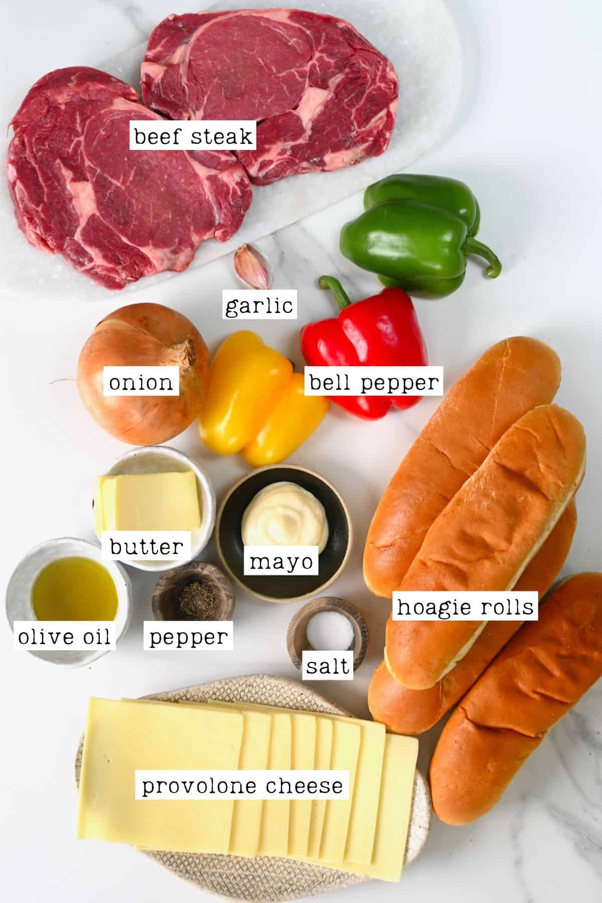 Ingredients for Philly cheesesteak sandwich