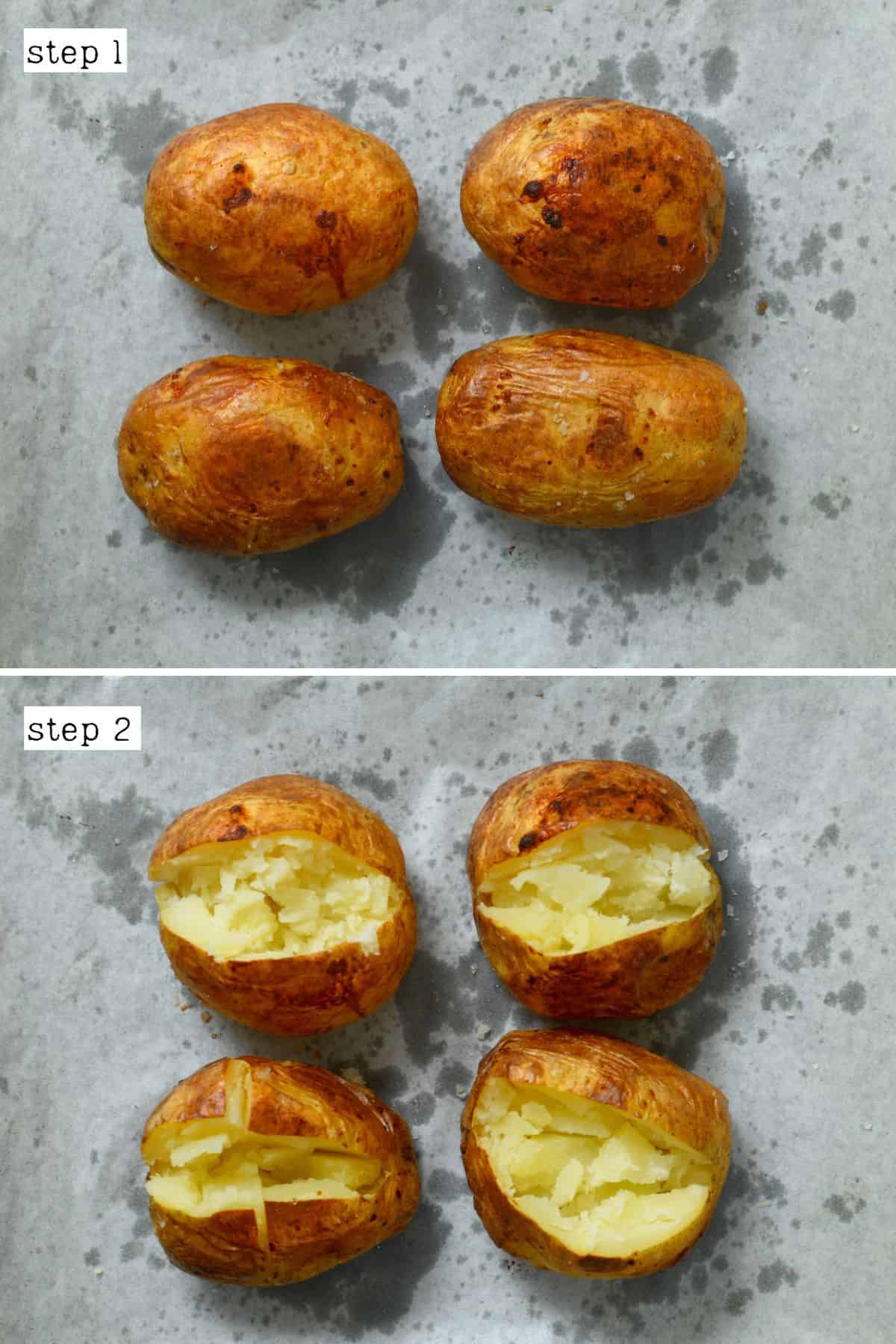 Steps for cutting baked potatoes