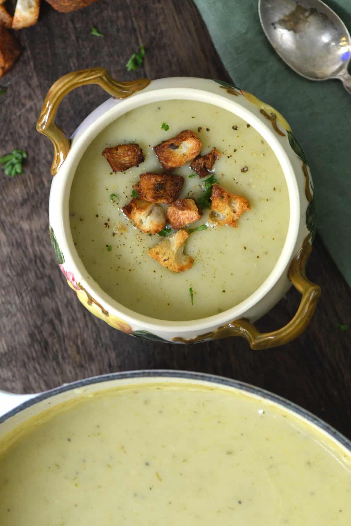 A bowl with potato leek soup