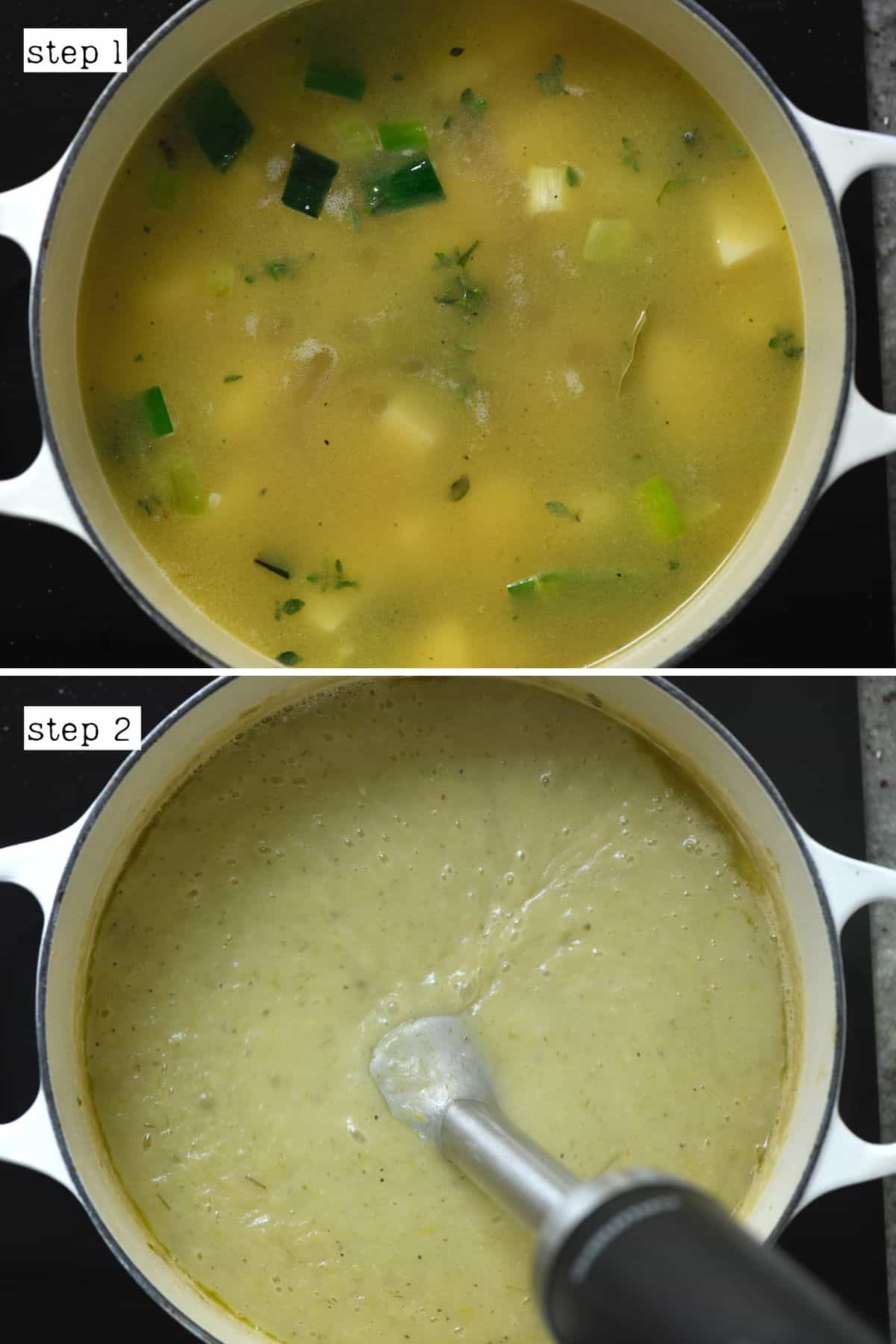 Blending potato leek soup in creamy soup