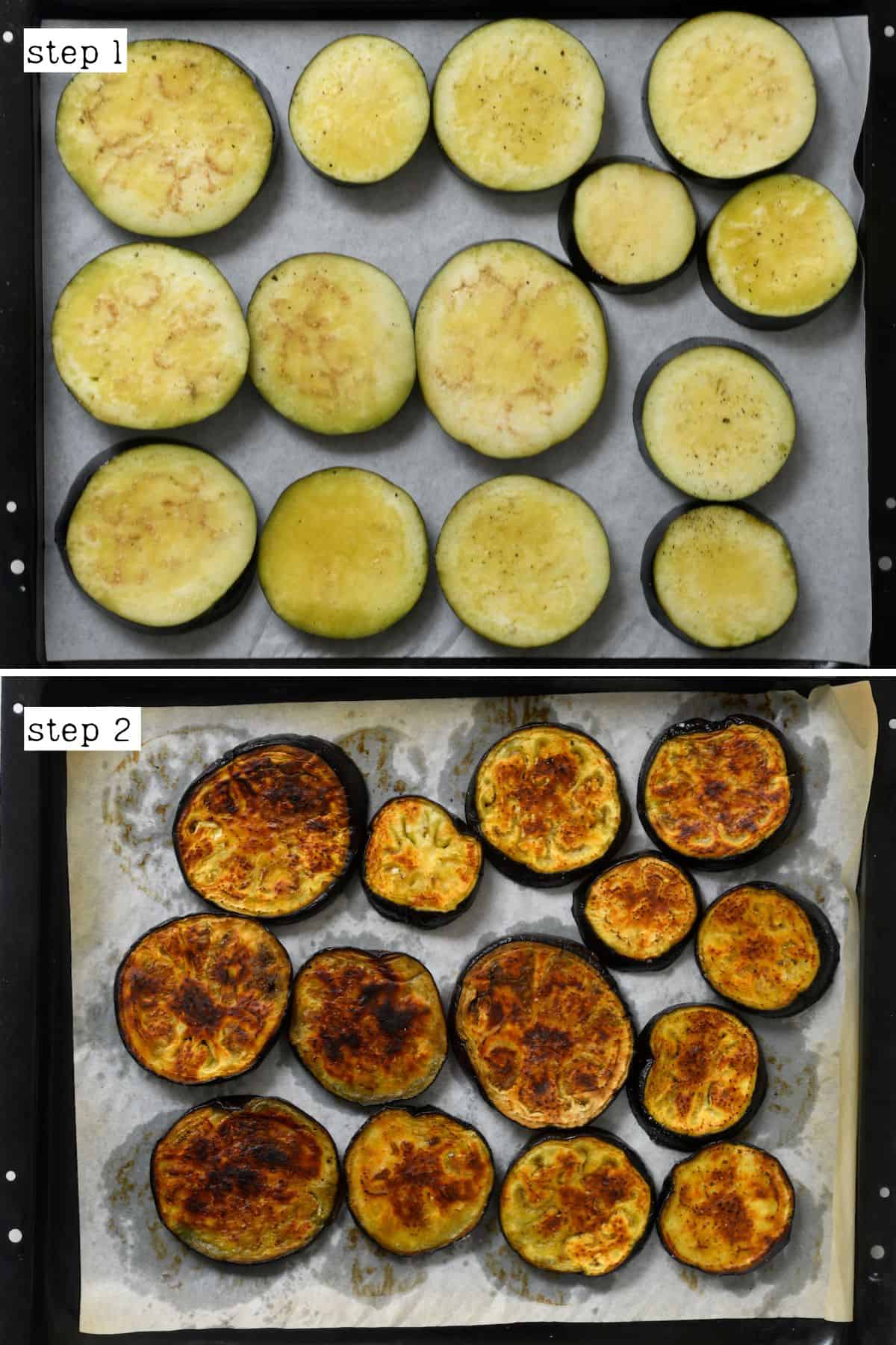 Before and after roasting eggplant slices