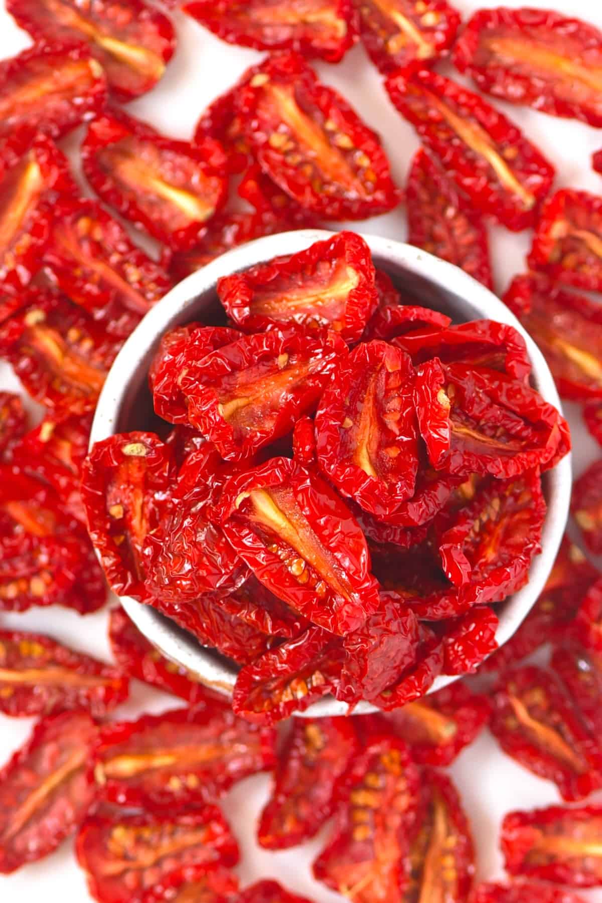 Sun dried tomatoes in a small white bowl