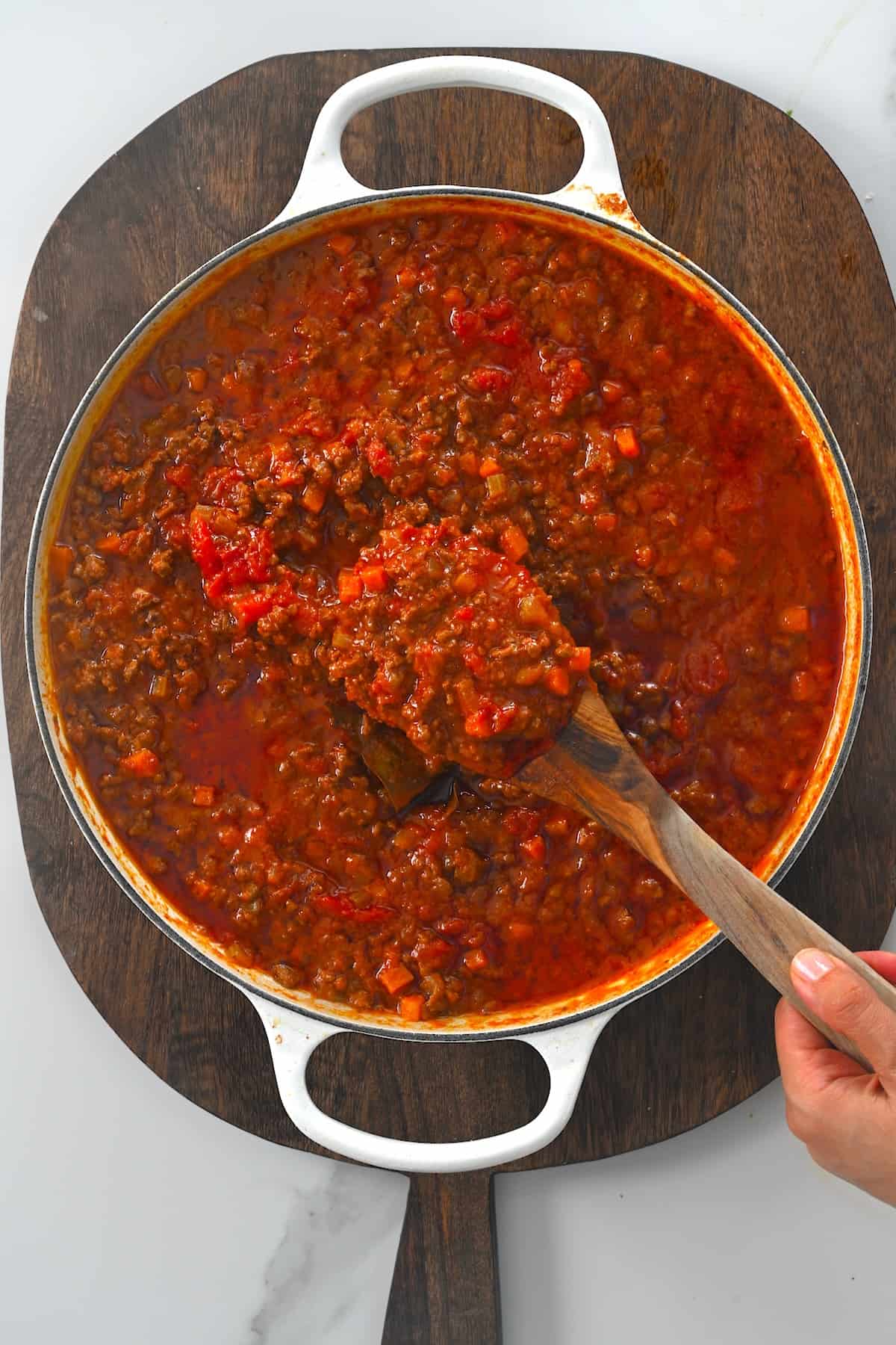 A pot with freshly made spaghetti sauce