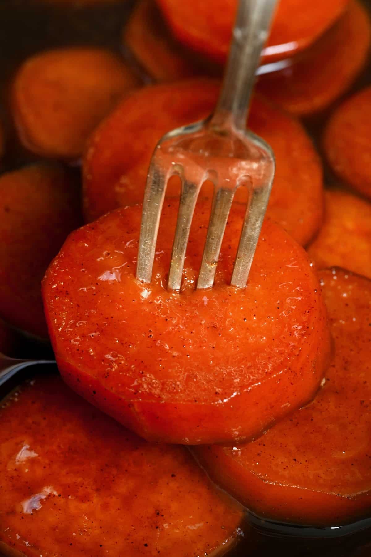 Candied yam on a fork