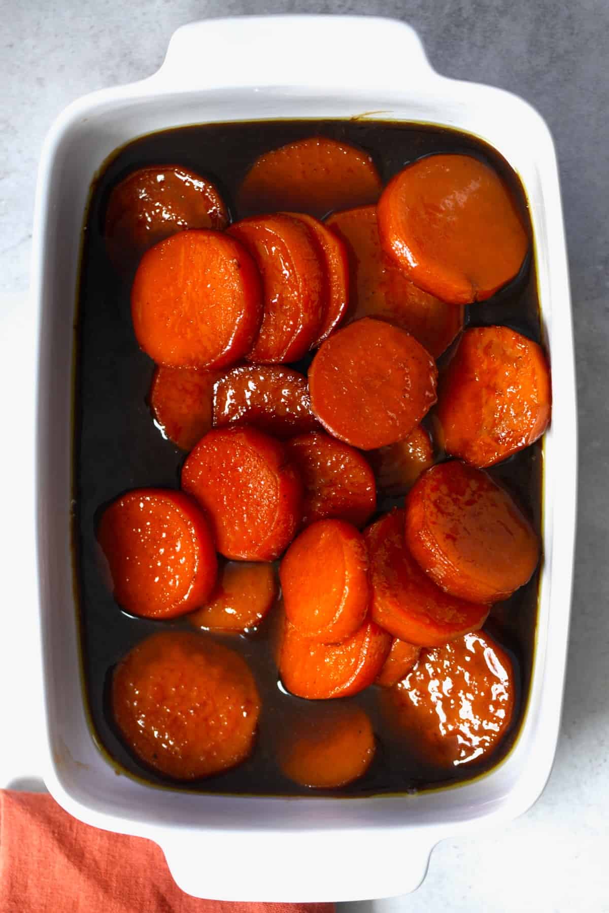 A baking dish with candied yams