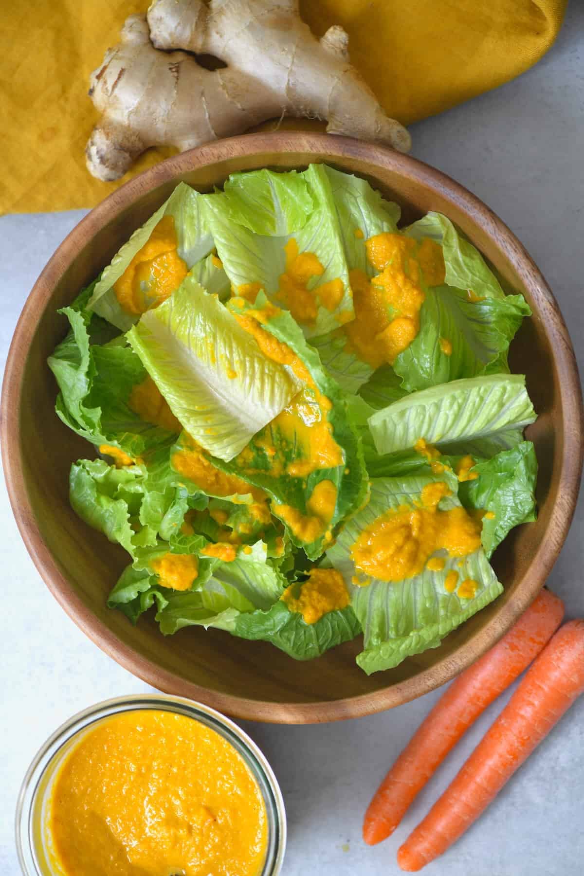 Lettuce salad with ginger carrot salad dressing