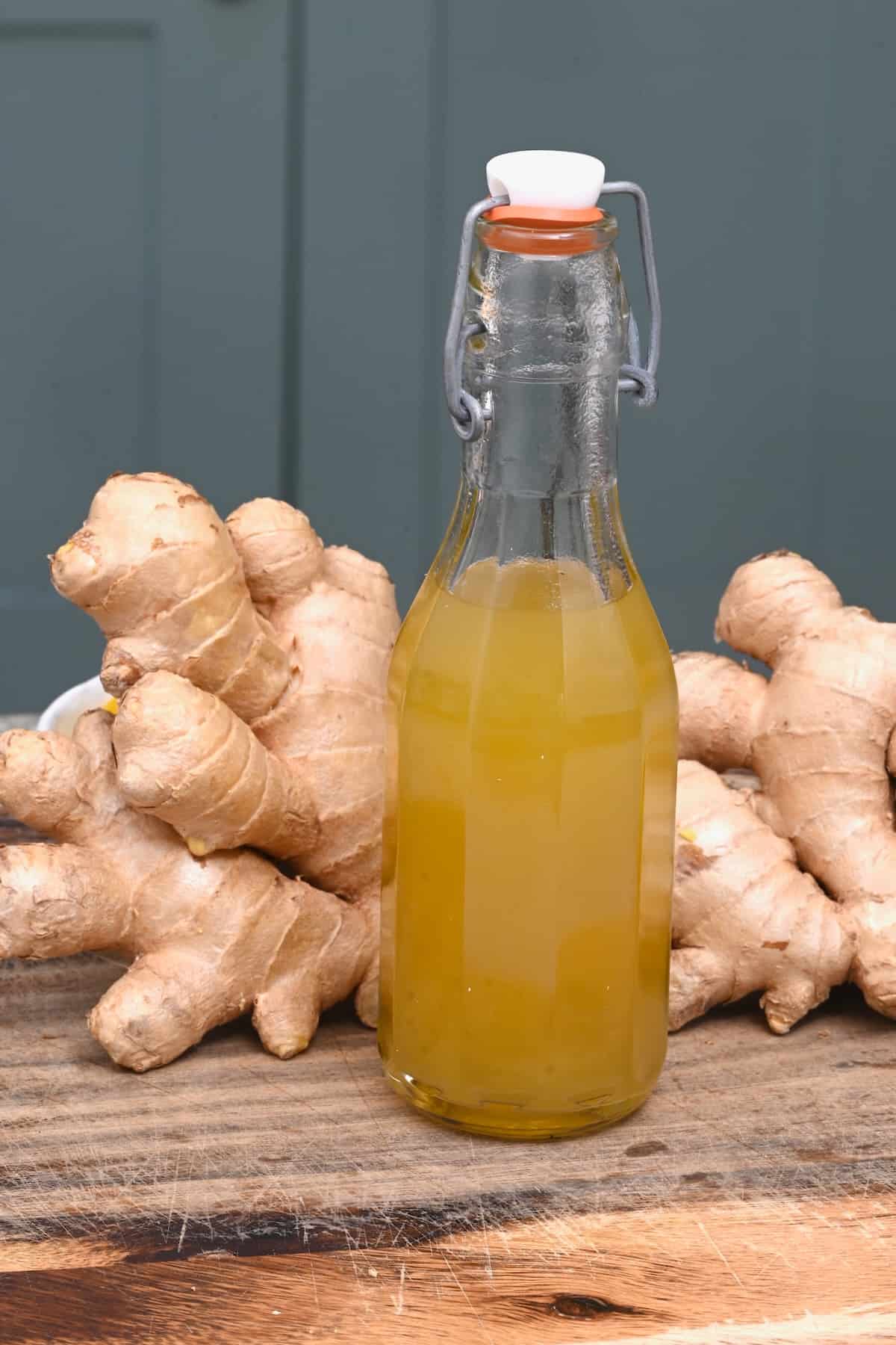 A bottle with homemade ginger simple syrup