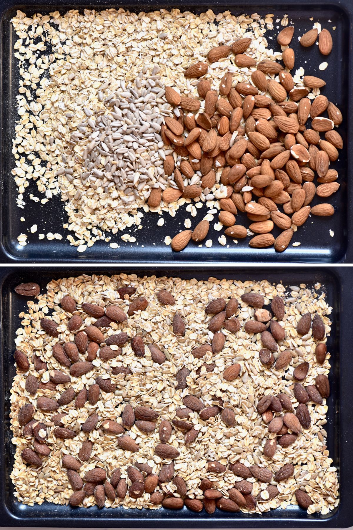 Before and after toasting oats almonds and sunflower seeds
