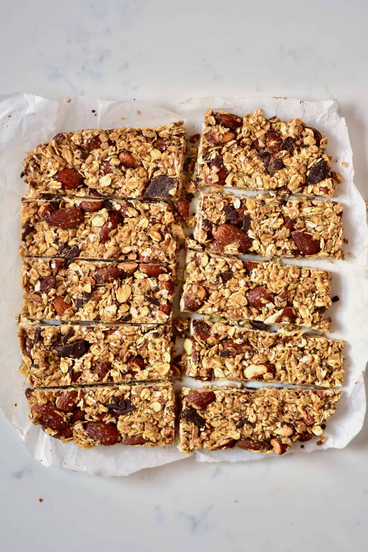 Homemade granola bars on a flat surface