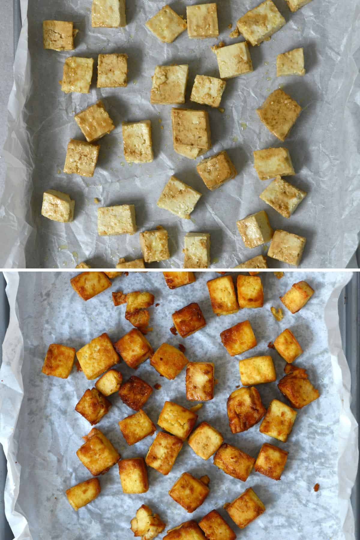 Before and after baking crispy tofu