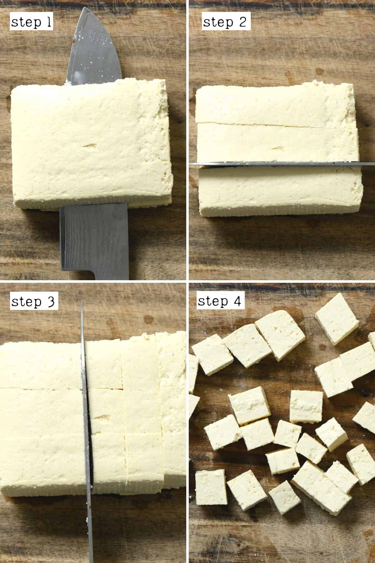 Steps for cutting a block of tofu