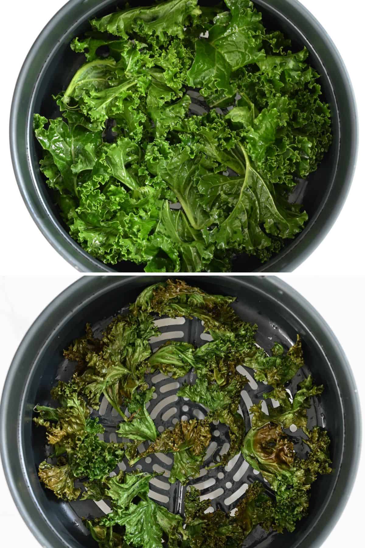 Before and after cooking kale chips in air fryer