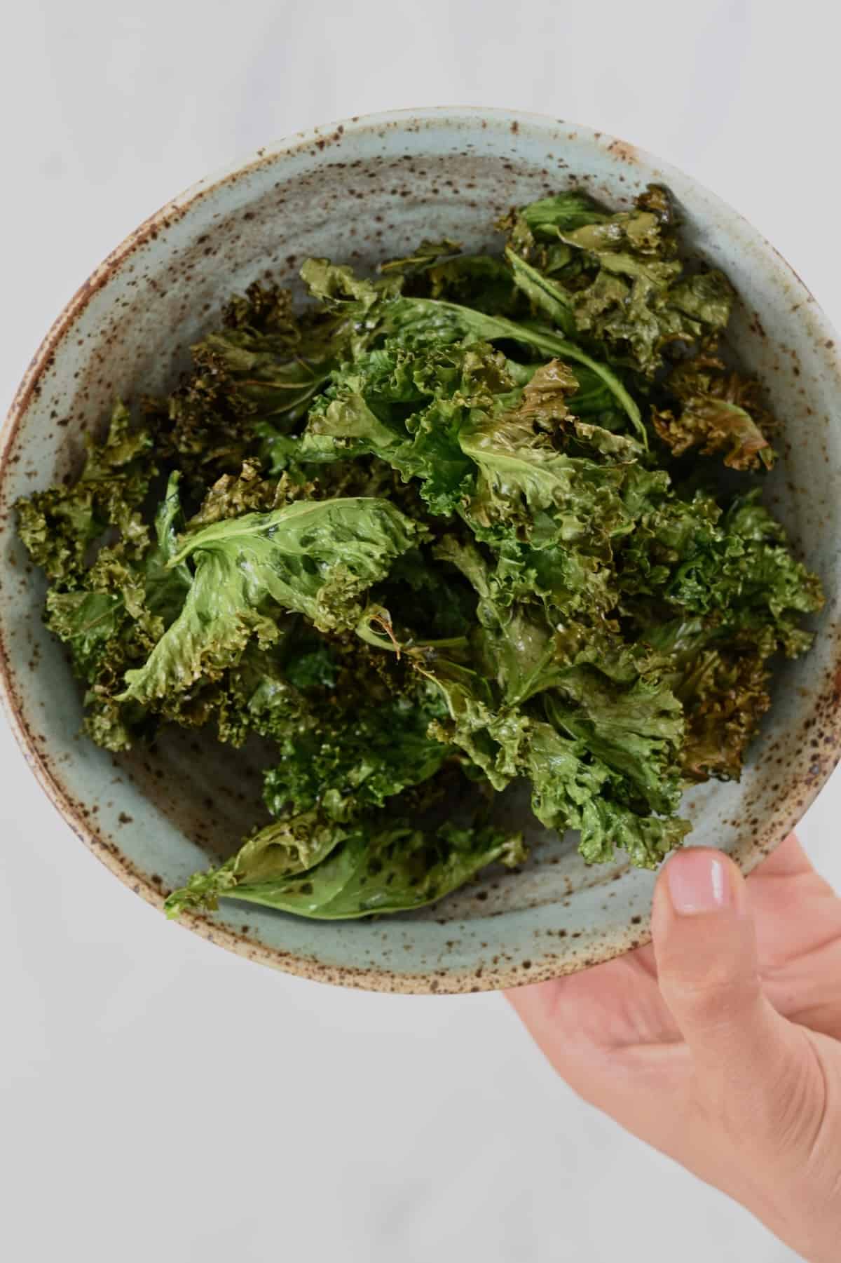 A bowl with homemade kale chips