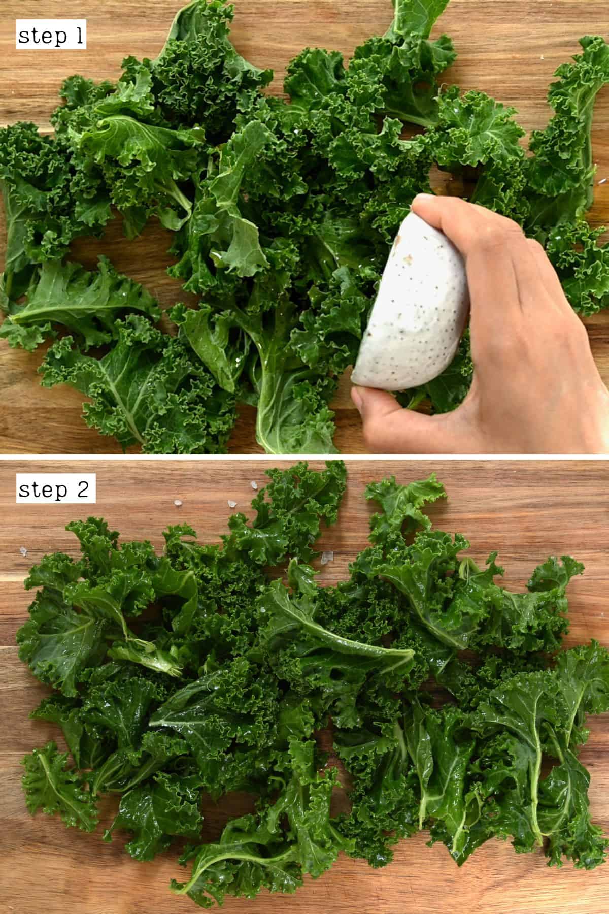 Steps for seasoning kale with olive oil and salt