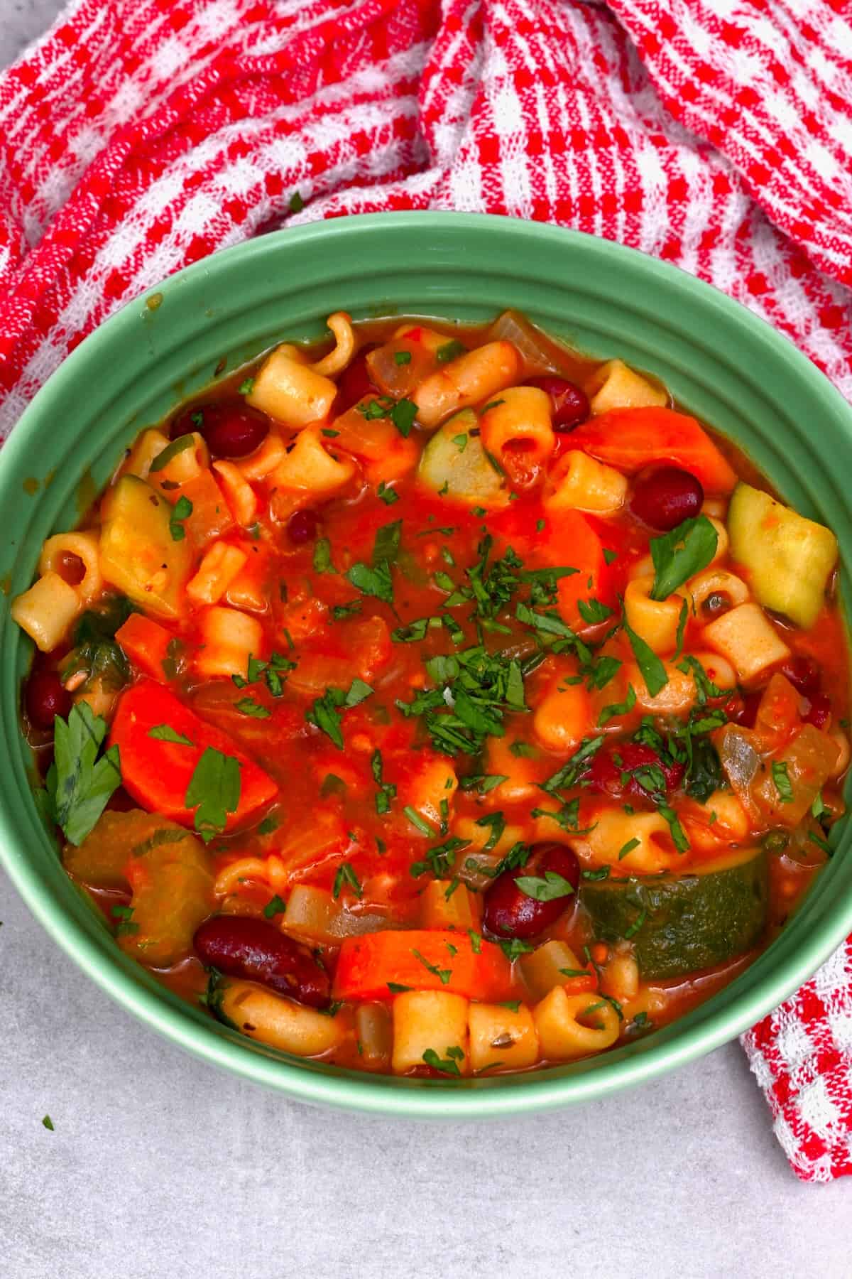 A serving of minestrone soup