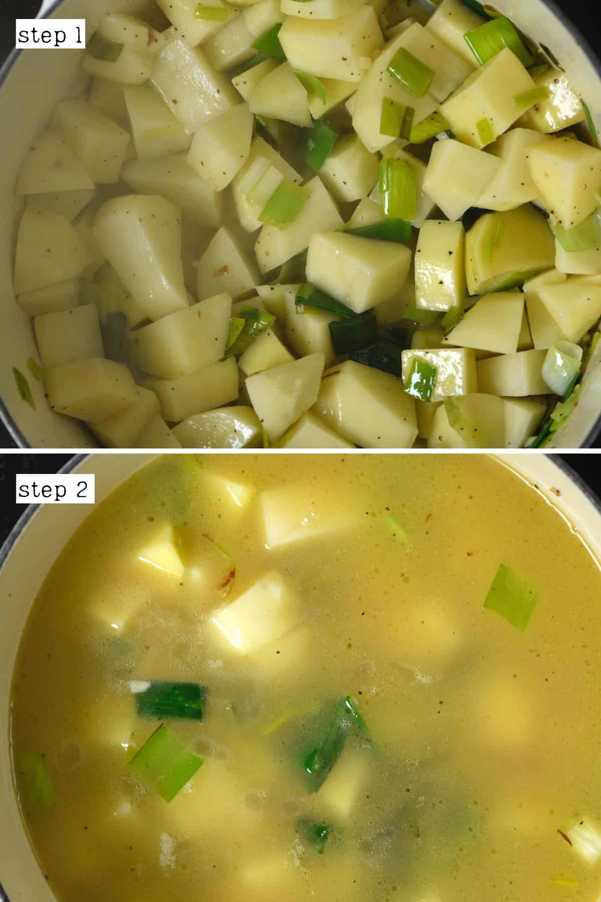 Steps for cooking potatoes and leek for soup